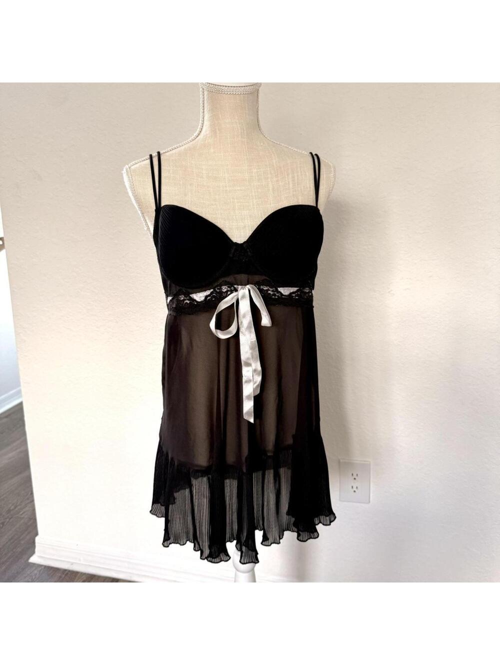 Delicates Black Sheer Babydoll Slip Dress w/ White Bow